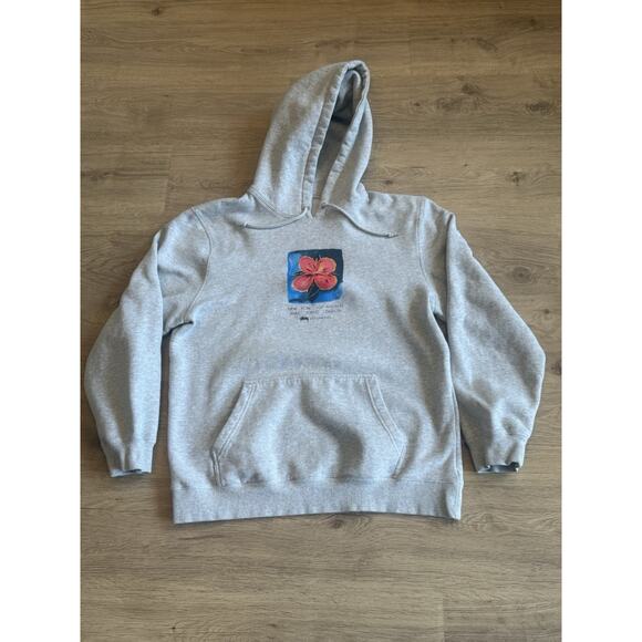 Stussy Hibiscus Hoodie Ash Heather Mens Size Large Pullover Sweater Grey - Picture 1 of 8